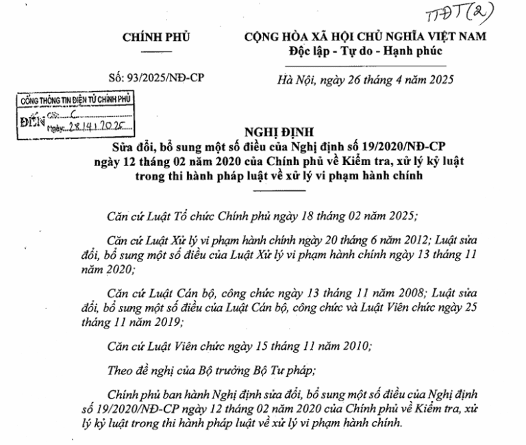 Nghị định 93/2025/NĐ-CP sửa đổi bổ sung Nghị định 19/2020/NĐ-CP về kiểm tra, xử lý kỷ luật trong thi hành pháp luật xử lý vi phạm hành chính