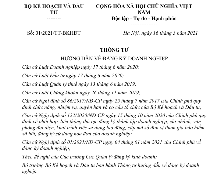 Thông tư hướng dẫn về đăng ký doanh nghiệp