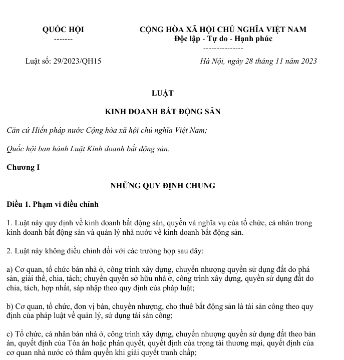 Luật kinh doanh bất động sản số 29/2023/QH15