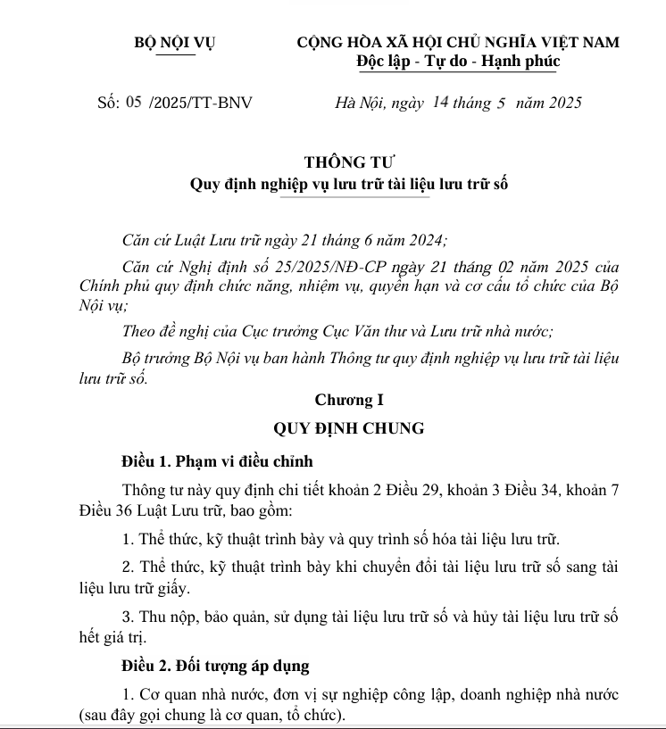 Đã có Thông tư 05/2025/TT-BNV quy định nghiệp vụ lưu trữ tài liệu lưu trữ số từ 01/7/2025