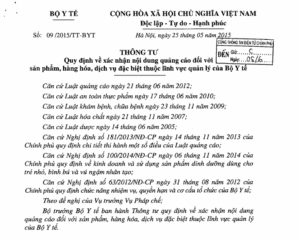 Thông tư 09/2015/TT-BYT về quảng cáo đối với sản phẩm, hàng hóa, dịch vụ đặc biệt