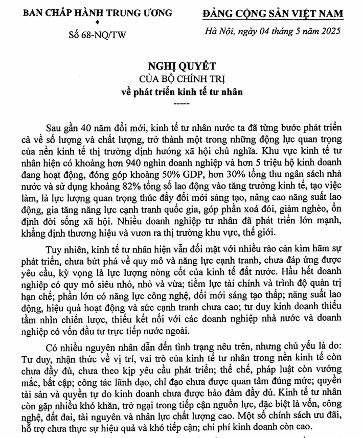 Nghị quyết 68-NQ/TW 2025 của Bộ Chính trị về phát triển kinh tế tư nhân